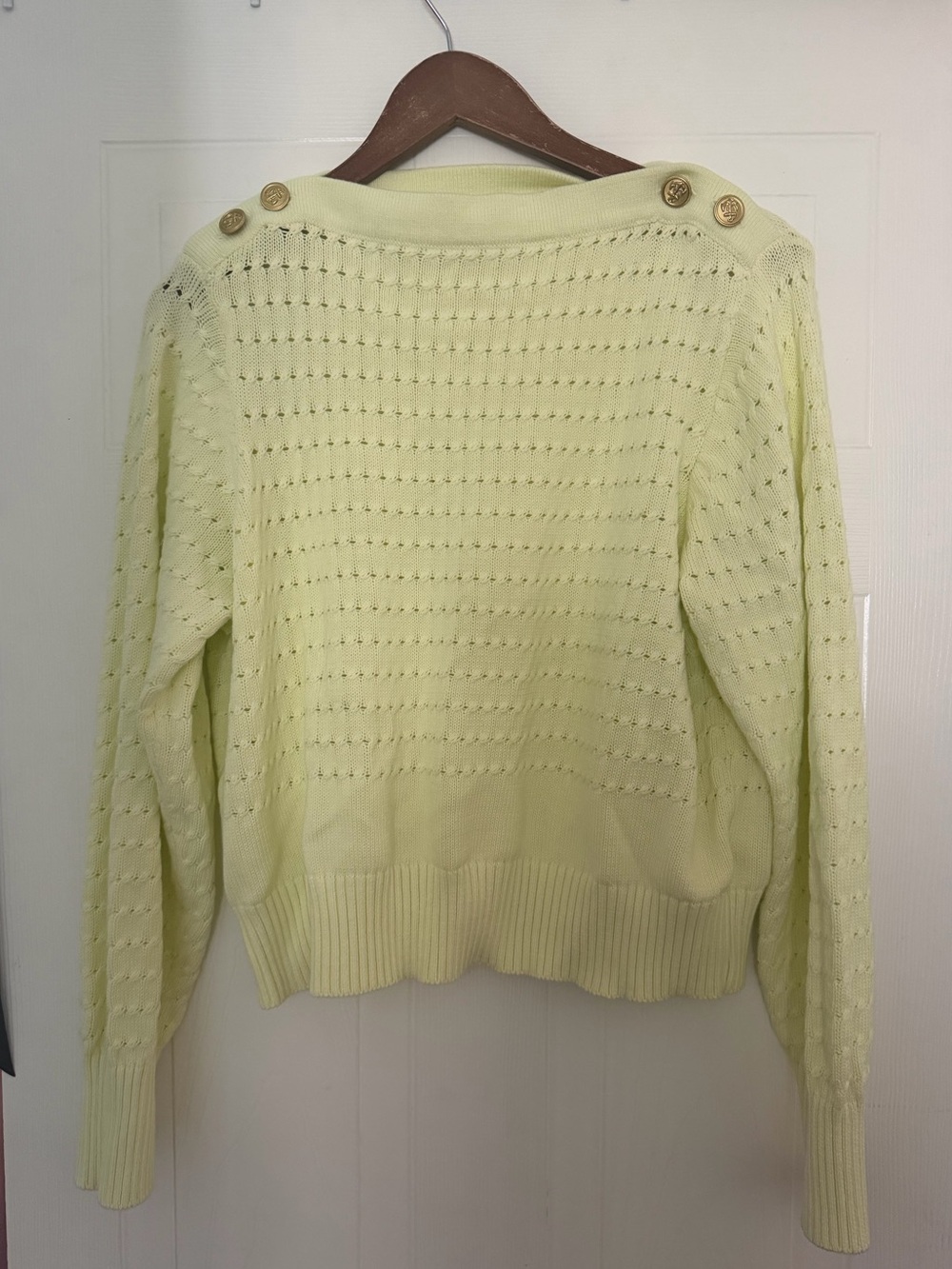 Light Yellow Eyelet Knit Crewneck Sweater with Shoulder Buttons